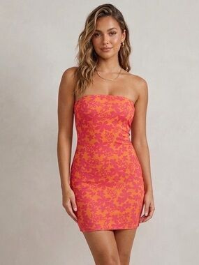 Loleia Sz S Pink Orange Strapless Floral Tropical Vacation Mini Dress